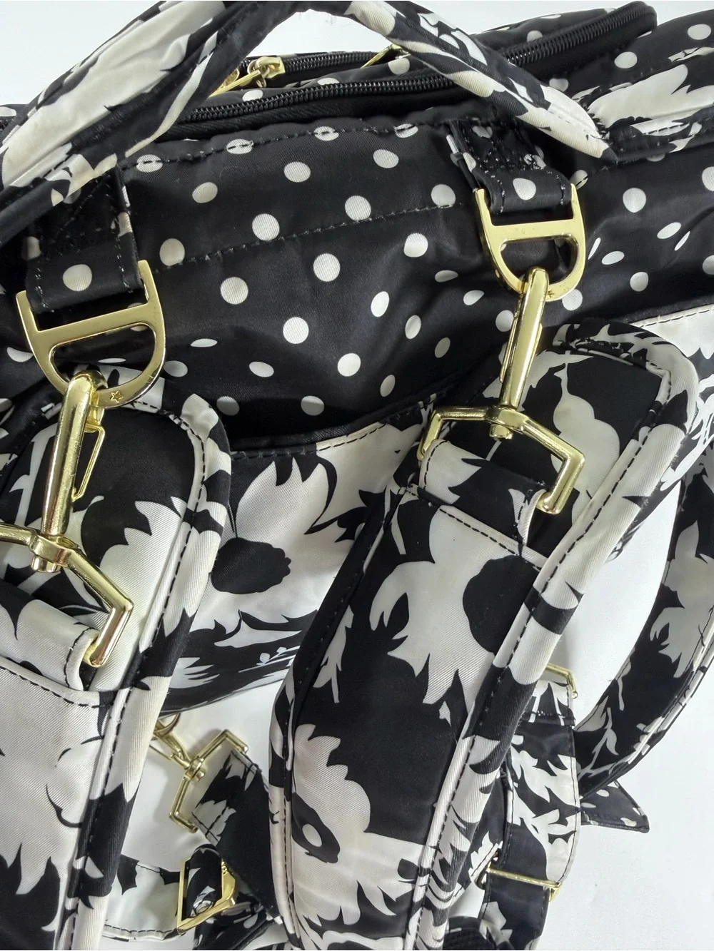 JuJuBe B.F.F. Convertible Diaper Bag Backpack Black White Floral Polka Dot